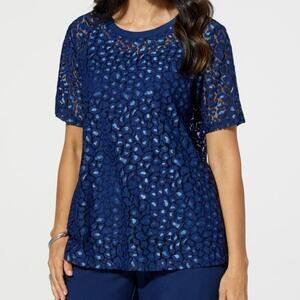 Iman Navy Blue Leopard Lace Top Women’s Size XL